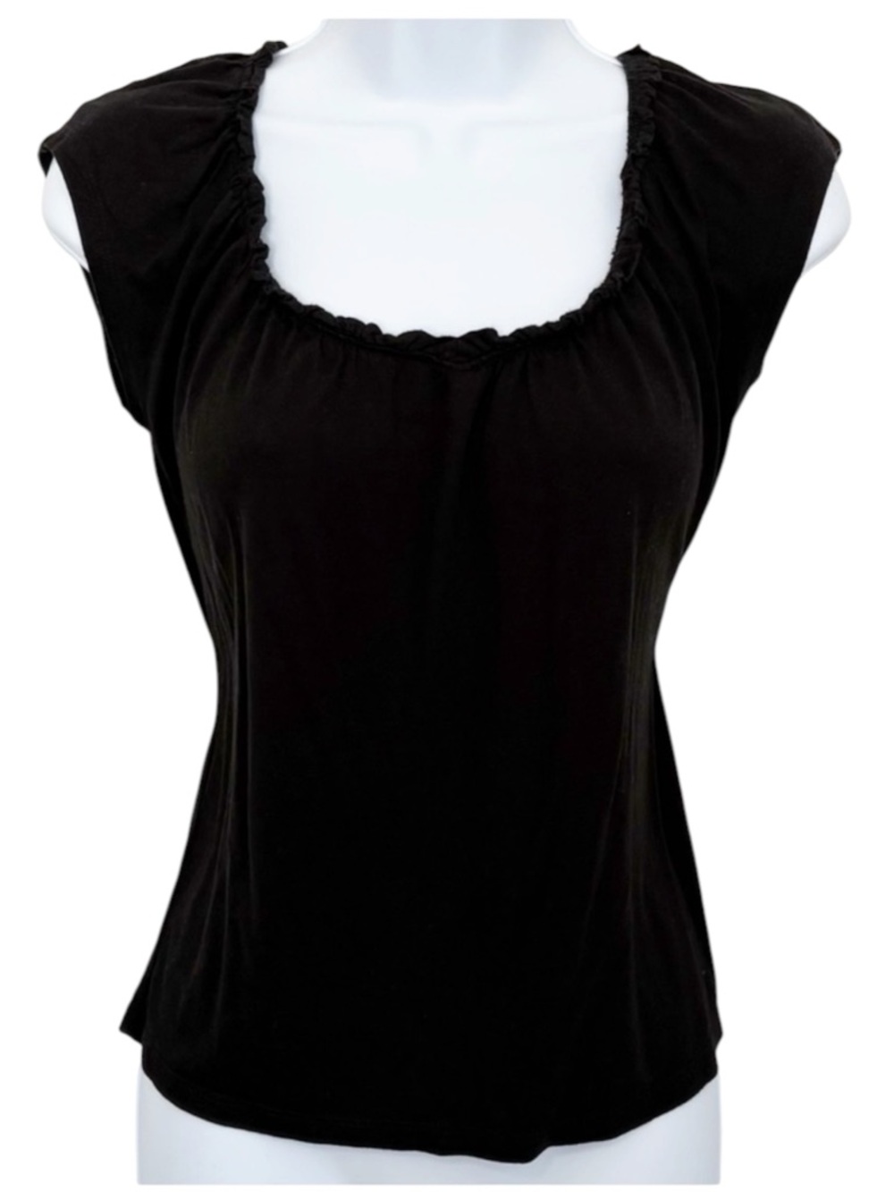 TALBOTS Black Ruched Neck Blouse Short Sleeve Soft Stretch Career Top XS